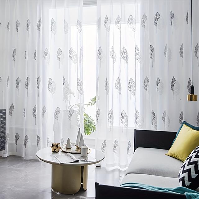 TEMU Lot de 2 rideaux voilages style européenne avec broderie de feuilles, passe-tringle, pour salon, chambre, balcon, cuisine, séparateur de pièce