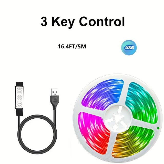TEMU Usb Led Strip For Gaming Tv, Flexible Multicolor Ambient Light, 3-button Control, Rgb Low Voltage 5v Self-adhesive Smart Led Light Strip
