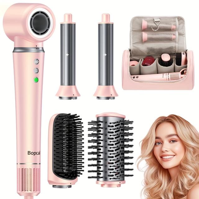 TEMU 5 In 1 Styling Hair Dryer Round Brush Hair Dryer With Bag, Curling Iron, 5 Attachments, Blow Dry, Straighten, , , Storage Bag, High Speed Motor, Christmas Gift For Wife, Daughter And Mother Gray