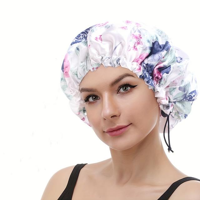 TEMU غطاء دش نسائي قابل للتعديل بنقشة زهور عالية الجودة - قبعة شعر مطاطية ذات طبقتين بتصميم زهري أنيق، مريحة ومثبتة بأشرطة خلفية، إكسسوار استحمام | ملابس حمام أنيقة