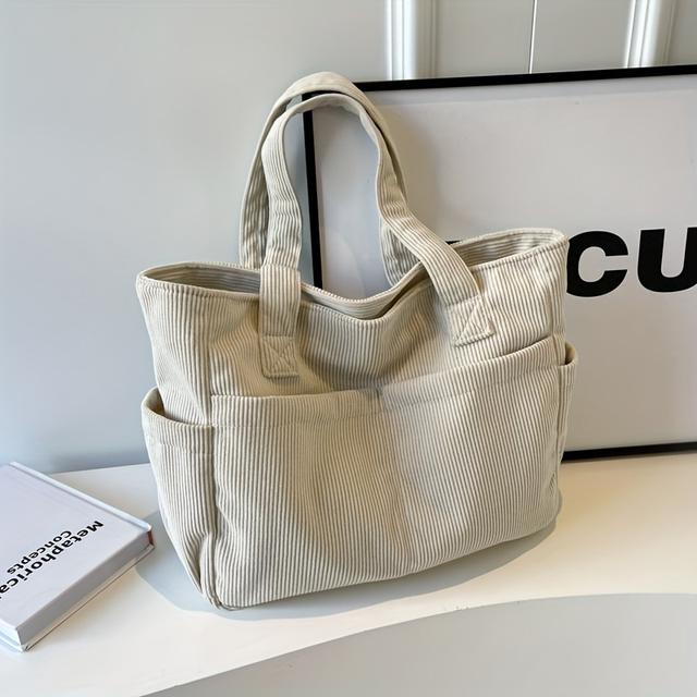 TEMU Women's Casual Corduroy Tote Bag, Striped With Fixed Straps, Zipper Closure, Polyester Lined, Large Capacity For Daily And Shopping