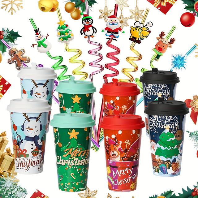TEMU 8 Christmas Plastic Cups With Lids And Straws 16 Ounces Reusable Christmas Party Cups Thick Plastic Tumbler Bulk Christmas Supplies Tableware, Perfect For Winter, New Year