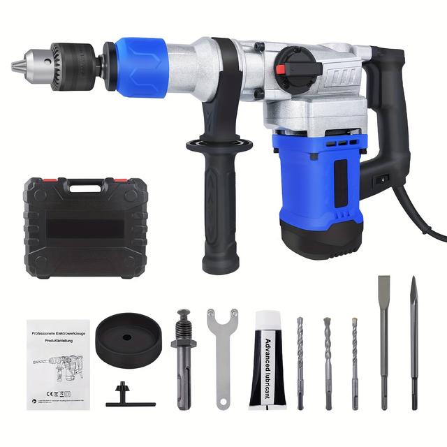 TEMU 1500w Sds-plus Hammer Drill Drill Chisel Hammer Impact Drill Hammer Electric Hammer Hammer With 360° Rotatable Handle Stem Hammer Drilling+case