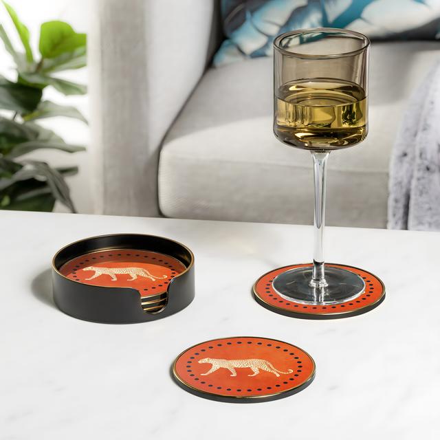TEMU 4 posavasos redondos de vidrio con estampado de leopardo naranja, posavasos de chapados en oro