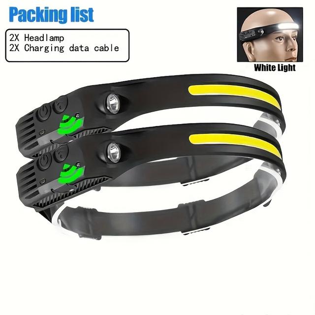 TEMU 2-pack Cob Headlamp, Usb Rechargeable Led Headlight With 2 Charging Cables, Matte Abs, For Outdoor Night Running Fishing, Lithium Battery-18650 Series
