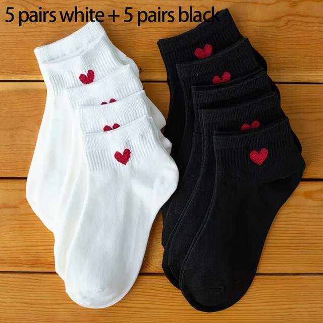 TEMU 5 Paar, 10 Paar Damensocken für Frühling und Herbst, dünne Stil, weiß-schwarzes Herz-Muster zum Valentinstag