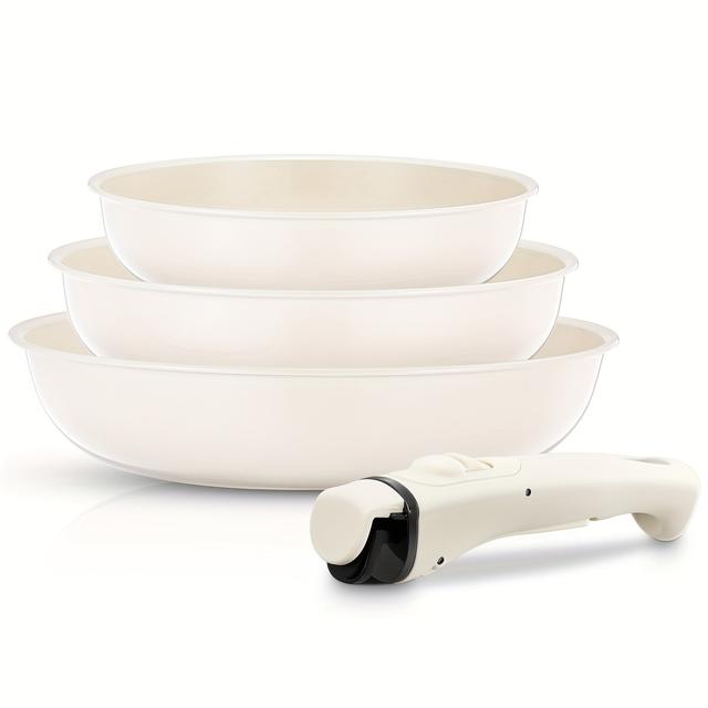 TEMU Tapadásmentes serpenyőkészlet levehető fogantyúval, 3 db 8 9.5 11 hüvelykes kerámia serpenyő minden tűzhelyhez kompatibilis, mosogatógépben és sütőben használható, bézs