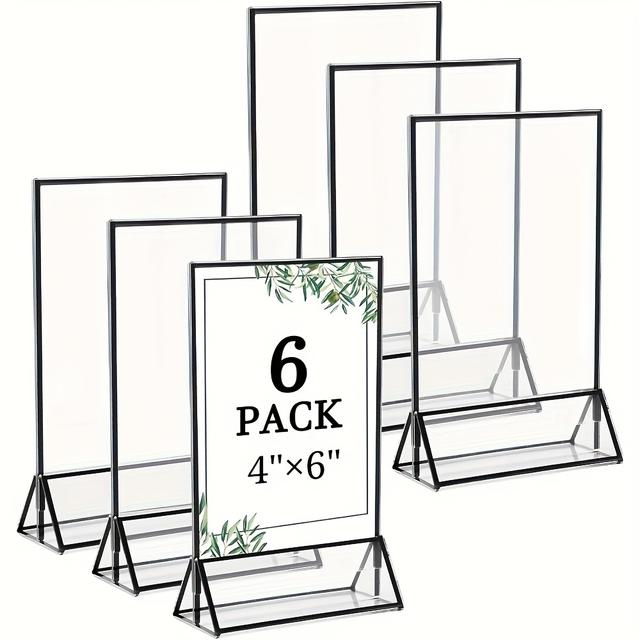 TEMU 6 Pack 4x6 Inch Clear Acrylic Sign Holders - Double-sided Golden Display Stands With Sturdy Black Legs, Elegant Table Number & Menu Holders For Weddings, Offices, Events