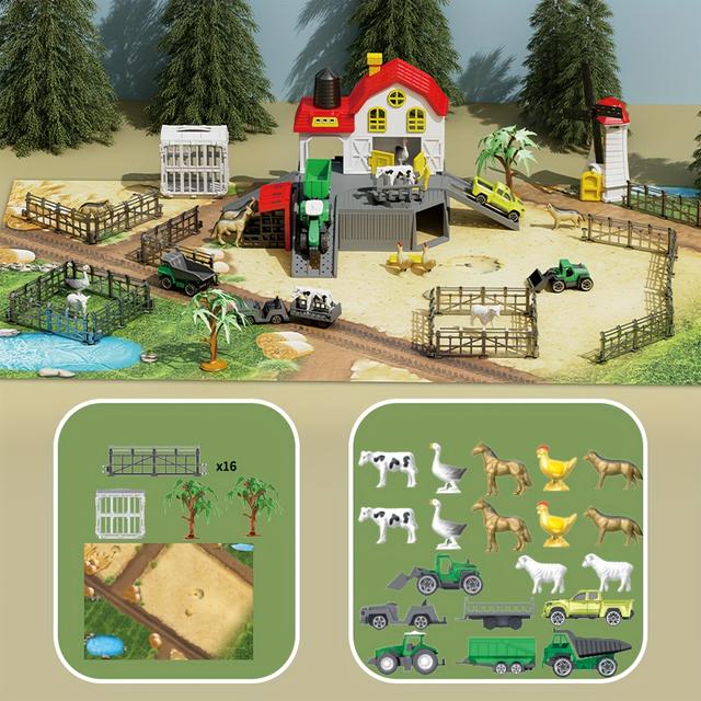 TEMU Bauernhof Spielset für Kinder, Scheune Spielhaus mit Bauernhof Tieren, Traktoren, LKWs, , Windmühle & Spielmatte, 40+ Teile Pädagogisches Bauernhof Spielzeug Set für Jungen und Mädchen