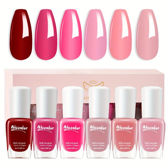 TEMU Aieenjor Schnell Trocknendes Nagellack-Set, 6 Farben, Rot Nagellack ohne Lampe, Nude Nagellack, Sanft und Lang anhaltend (, Set von 6)