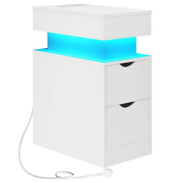TEMU Narrow Side Table With Charging Station, End Table With Led Lights, 2 Drawers, Bed Side Tables Living Room, Small Spaces, Bedroom, Night Stand With Charger Station, White
