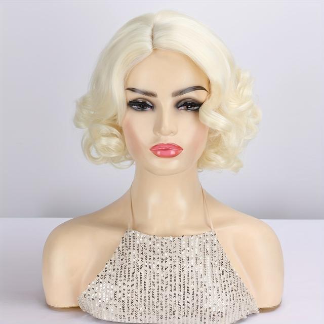TEMU Short Women's Wig With White Large Curls, Side Parting, No Bangs. High-quality Synthetic Hairpiece, Resembling Tv Characters, Suitable For Cosplay, Elegant And Worn Daily