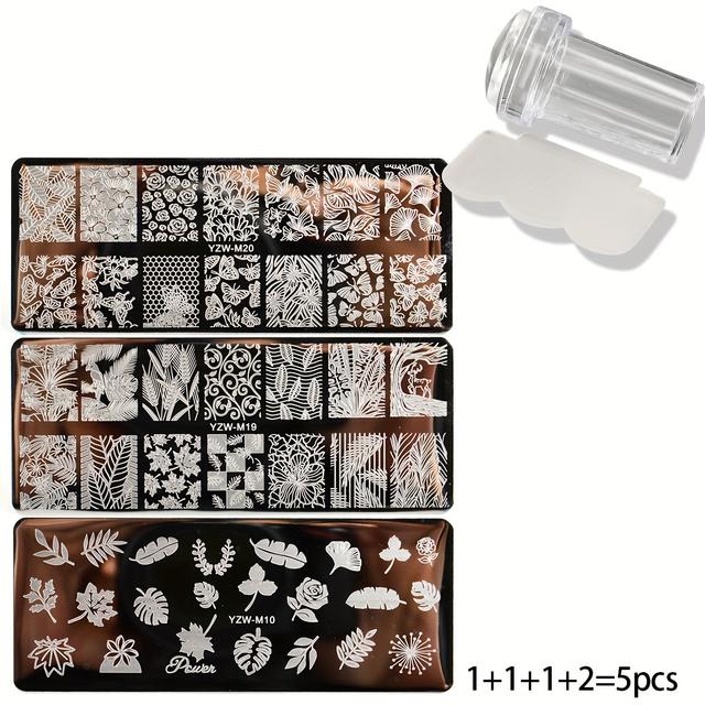TEMU Nail Tools With , Full Stickers Featuring Flowers, Leaves, And Patterns, Including Stamping Plates, Stamps, And Scraper Templates For Nail Polish Transfers, Suitable For Nail Salons, 5pcs Set