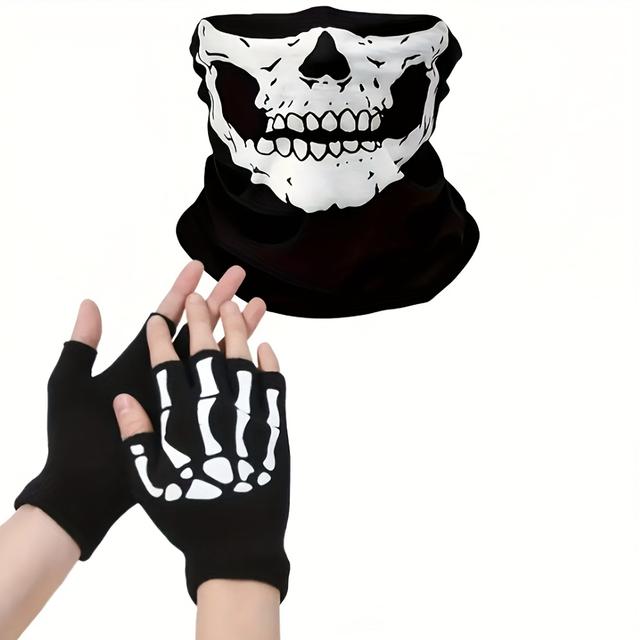 TEMU Full Skull Mask Set: Face Cover + Gloves-like Wrist Compatible Turban-style Neck Gaiter - Windproof Breathable White Skull Print & For Skiing, Motorcycling, Halloween Costumes - Outdoor Sports