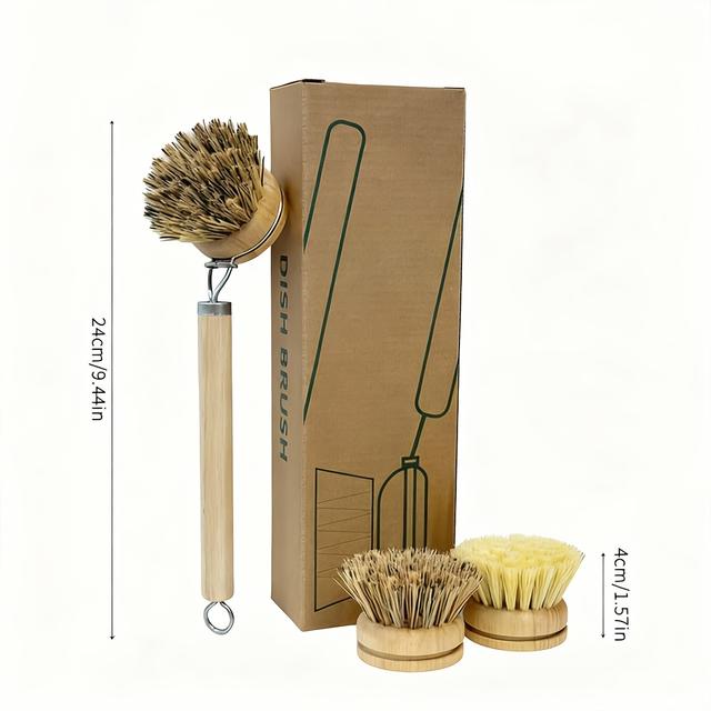 TEMU Brosse à Vaisselle en Bois , Brosse à Long Manche, Lot de 4 avec Manche + Tête de Brosse, Sisal et Fibre de , Poils en Fibre Végétale