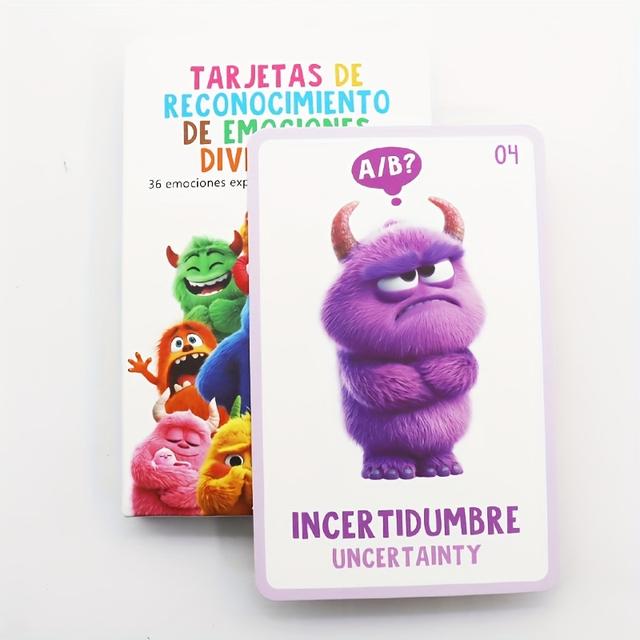 TEMU 36pcs Spanish Monsters Theme With Explanatory Texts, Cute Counting Numbers Emotional Cards, Color Recognition Affrimation Feeling Cards For Thanksgiving Birthday Gifts