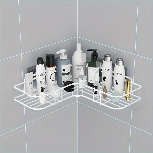 TEMU 1pc Space-saving White Metal Corner Shelf - No Drill, Wall-mounted Organizer For Shampoo, Skincare Products & More, Ideal For Home & Hotel Use, Bathroom Organizers And Storage