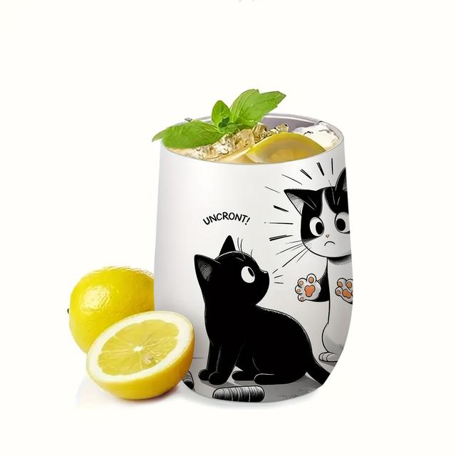 TEMU 1pc Black And White Cat Stainless Steel Eggshell Cup With Lid – Reusable, Hand Wash Only, Keeps Drinks Hot/cold – Office, Camping, Or Fitness Use, Cat Mug