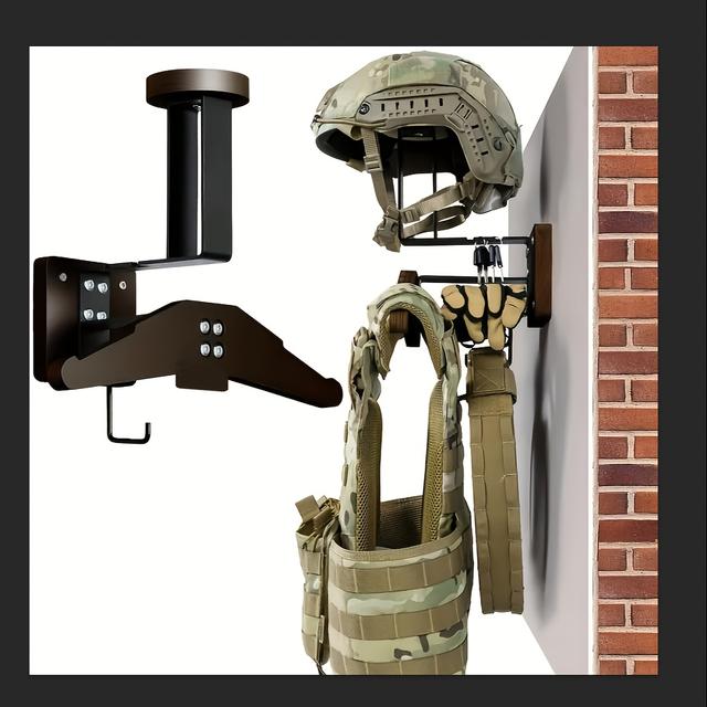 TEMU Edelstahl-Wandhalterung mit Holz-Motorradhelmhalter für Taktische Helme, Westen und Zubehör-Aufbewahrung - Geeignet zur Aufbewahrung von Outdoor-Geräten wie taktischen, Fußball- und Rennhelmen