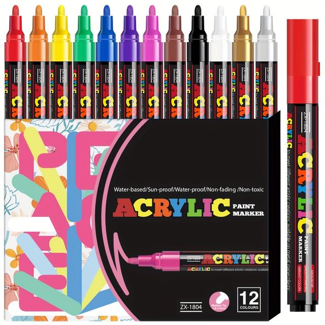 TEMU 12pcs/18pcs/24pcs Acrylic Paint Pens, Vibrant Acrylic Paint Marker Pens With Medium Tip, Professional Art Supplies, Multi-surface Use