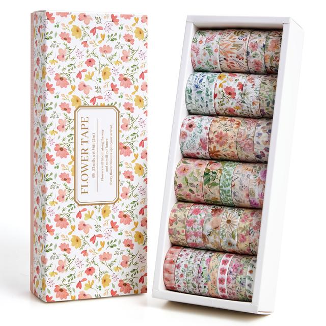 TEMU مجموعة من 32 لفة من شريط واشي بتصميمات زهور ملونة، مثالية لتدوين اليوميات للفنانين، والمجلات المتنوعة، والأعمال اليدوية، وزينة سجل القصاصات