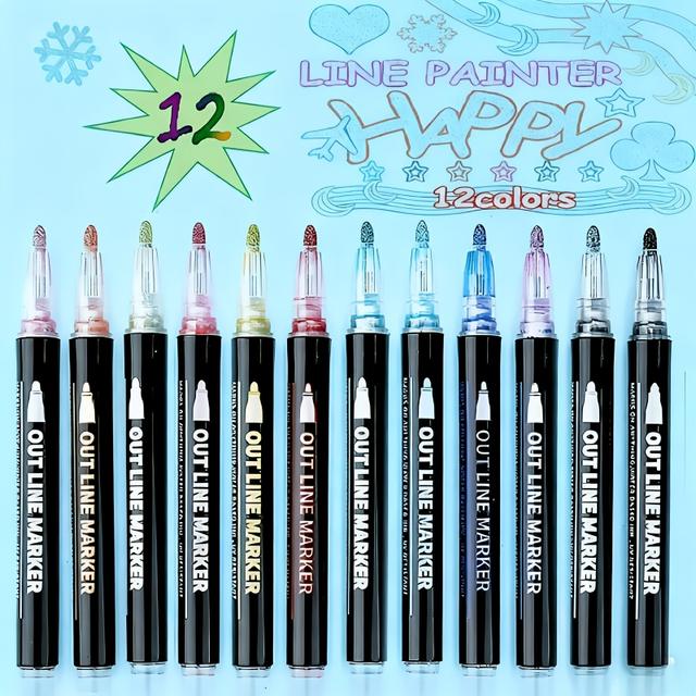 TEMU 2025 Dual-line Contour Metallic Highlighter, Squiggles Dual-line Pen, Magic Glitter Drawing Pen, Suitable For Greeting Cards, Crafts, Posters, And Drawing