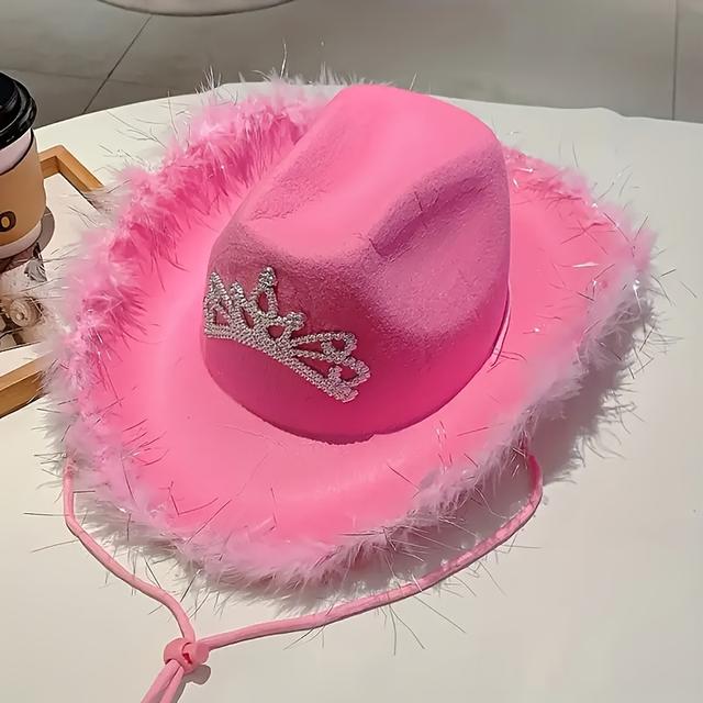 TEMU A Stylish Women's Cowboy Hat With A Crown And Rhinestones, Featuring A Fringed Wide Brim And Designed With Artificial Silvery Threads, Perfect For Brides, Wedding Celebrations, And Party Outfits