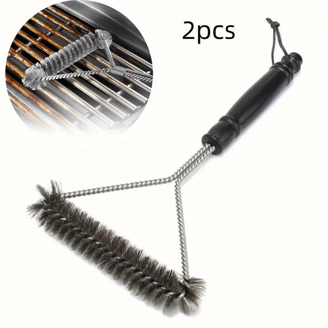 TEMU 1/2pcs Of Stainless Steel Barbecue Grill Cleaning Brush, Featuring An Ergonomic Handle, Durable Metal Bristles, Safety, Suitable For Efficient Grill Maintenance, Reusable Grill Additions