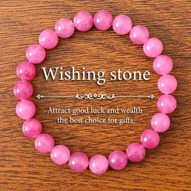 TEMU Adjustable Pink Natural Stone Bead Bracelet - 8mm, "wishing Stone" For & , Elegant Gift Idea, Stone Jewelry