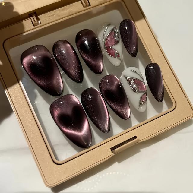 TEMU 10pcs Of Handmade Wearable Nails, Full Coverage, Reusable, Almond-shaped Rose Eye Manicure, Gradient Love Heart, / Metallic Texture, Fashionable Manicure