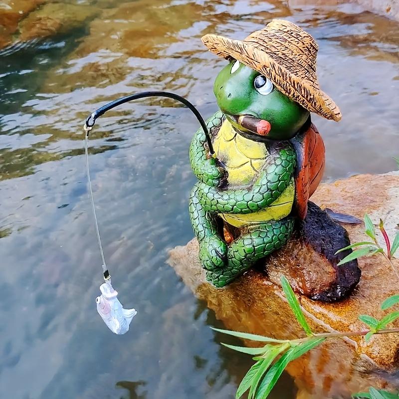 TEMU Resin Turtle Fishing Set, With Cowboy Hat And Rod, Decoration, Suitable For Fish Tanks, , Waterfalls And