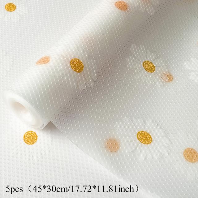 TEMU 5pcs Waterproof Refrigerator Mats |, Non-slip, Washable, Reusable, Eva Material, Daisy Pattern, Suitable For Refrigerator And Kitchen Decor, Drawer, Shoe Cabinet, Cabinet Mat, Shelf Liners