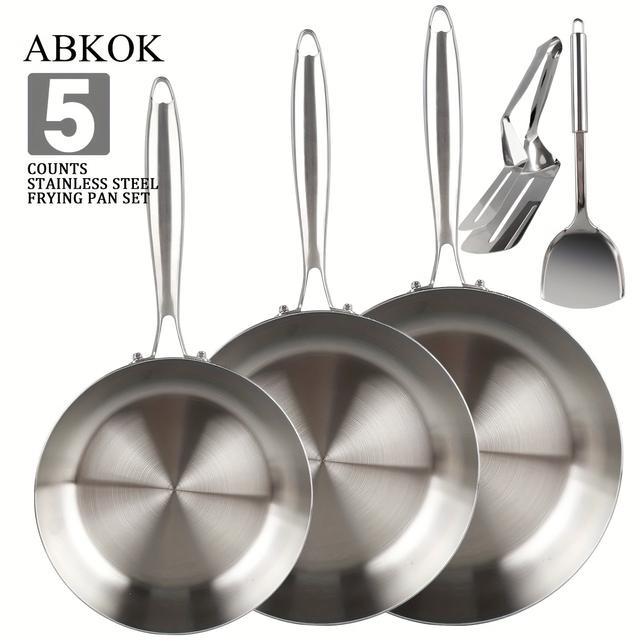 TEMU 1/5pcs Whole Body 3 Stainless Steel Frying Pans Set, 8"/9"/10" Cooking Pans With Laddle And Turner, Kitchen Cookware Set, Fast Heating With Ergonomic Handles, Suitable For All Stove