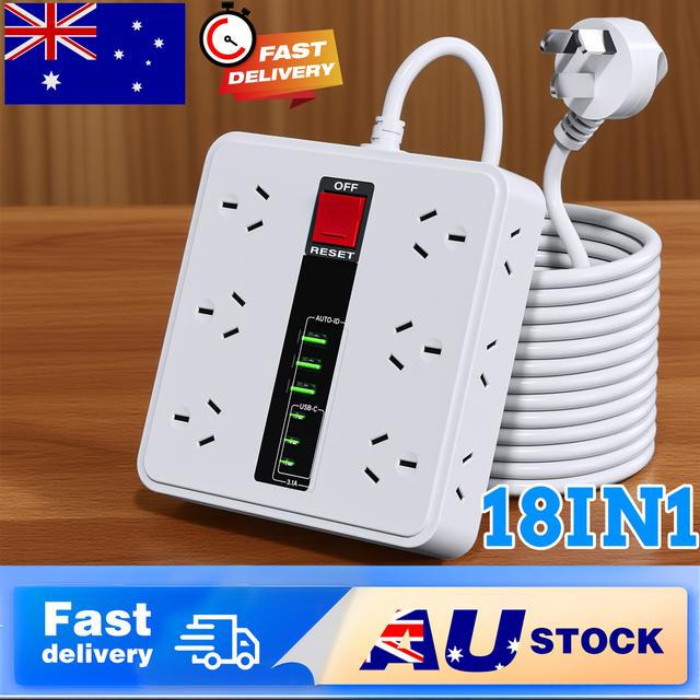 TEMU Usb Protector - 18in1 Power Board With 3 Usb C & 3usb, 12 Outlet Power Strip With 1.9m Extension Cord, Wall Mountable 2500w Protection And Switch For