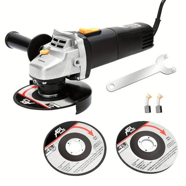 TEMU Angle Grinder, Featuring A 5-amp Motor, 4-1/2 Inch Size, Comes With 1 Grinding Wheel, 2 Wheels, 2 Carbon Brushes, And A Wrench. It Operates At 10500 Rpm For Quick Material Removal