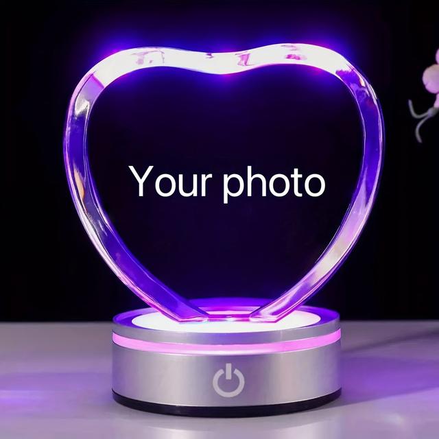 TEMU Personalized Heart-shaped Glass Photo Laser Engraved Usb-powered Night Light - Custom Wedding, Family, Pet Photo Gift For Mother’s Day, Birthdays, Decor