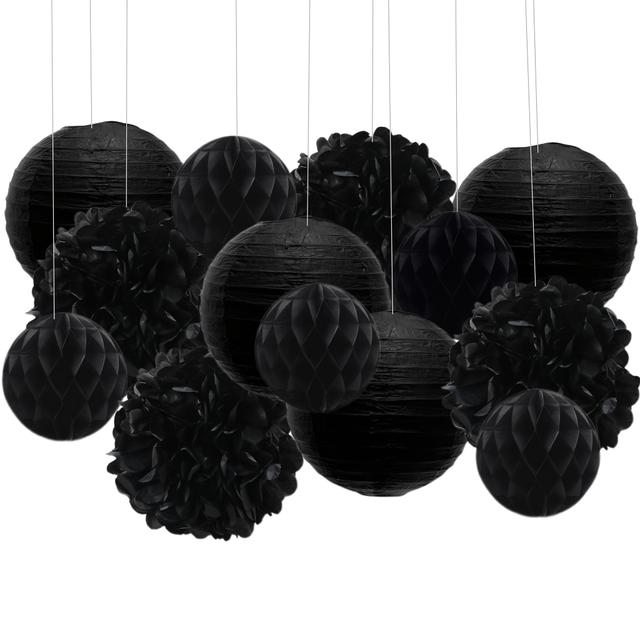 TEMU 13pcs Black Paper Lantern And Flower Ball Set For Weddings, Halloween, Birthdays, , Anniversaries, Retirement, Single Parties, Classroom Decorations, Party Supplies 6/10 Inch