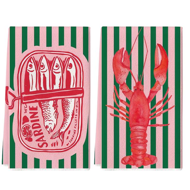TEMU Cleaning Cloth 2pcs Kitchen Towel, Striped Fish And Shrimp Pattern, Suitable For Beach Decor Hand Towel, Kitchen Decor, Neighbor Gift, , Birthday Gift, Sweet Housewarming Gift For