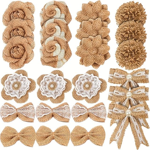 TEMU 24pcs Of Coarse Burlap Flowers, 8 Styles Of Natural Handmade Bows With Artificial Pearls, Suitable For Craft Bouquets, Home Wedding, Christmas Party Gift Decorations