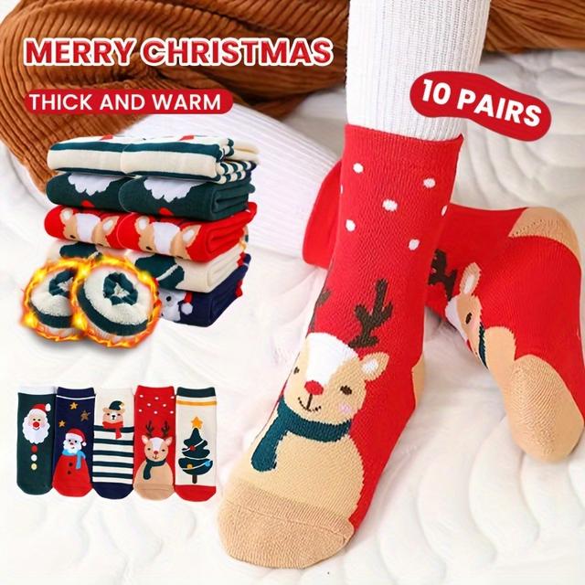 TEMU 10er-Set Gemütliche Fleece-gefütterte Socken für Jugendliche - Festliche Weihnachts- & Halloween-Designs, Warme Wadensocken für Jungen & Mädchen, Perfekt für Herbst/Winter