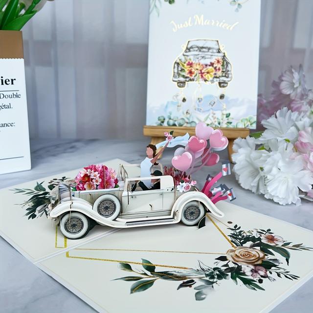 TEMU 1pc Vintage Car Pop-up Card With Envelope | , Ideal For Wedding, Engagement, And Valentine's Day Celebrations, Made Of Paper