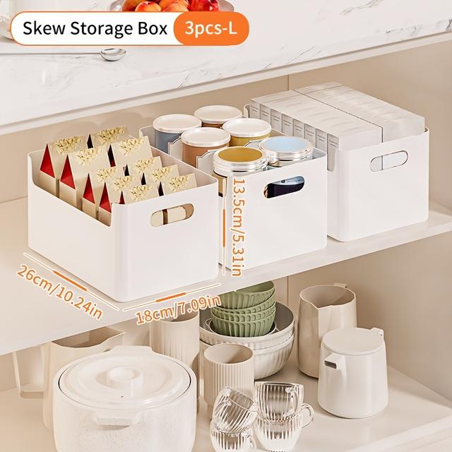 TEMU 3pcs Kitchen Organizer Set - Multifunctional Plastic Storage Bins With Hollow Handles For Utensils, Pantry Items & Office Supplies - Stackable Non-food Contact Containers For Home Organization