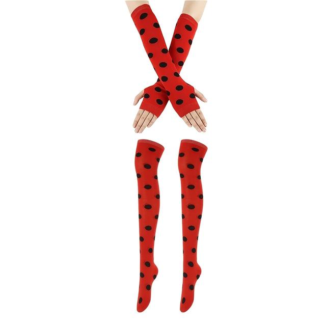 TEMU 2pcs Ladybug Costume Set | Cute Ladybug Makeup And Party Props With Red And Black Polka Dot Pattern Long Socks And Fingerless Gloves, Ideal For Christmas, Carnivals, New Year's Family Gatherings