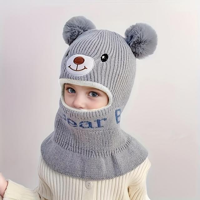 TEMU Kids' Hat, Mask And Scarf Combo For - Thickened Warm Knitted Winter Cotton Beanie