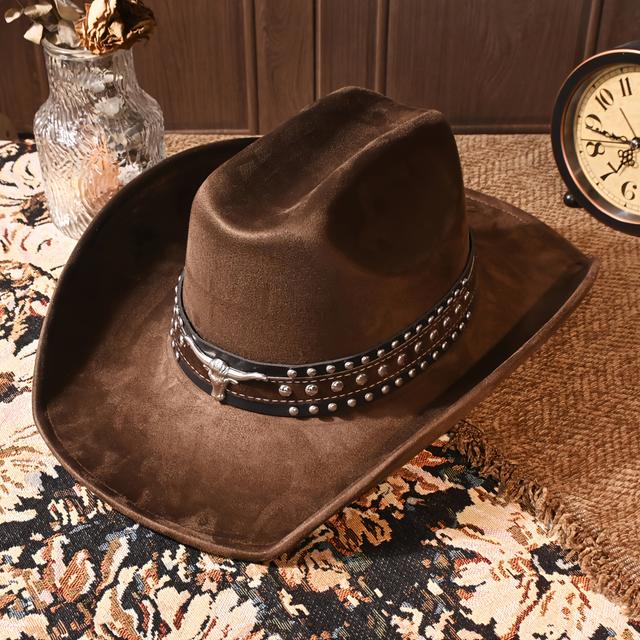 TEMU A Metal Studded Belt For Shipping, Featuring A Creased Cowboy Hat Made Of Suede Material, Suitable For All , Stylish And Fashionable.