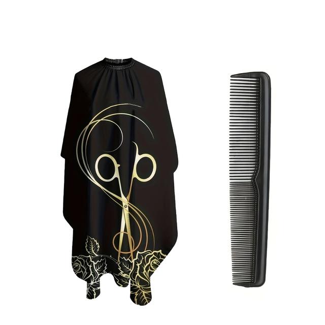 TEMU 2pcs Set (1pc Of Aprom + 1 Comb) Black Golden-plated Scissors Rose Haircut Apron, Full-wrap Hairdressing Apron, Breathable, Drill, Durable And Easy To Clean, Hair Salon Special Apron