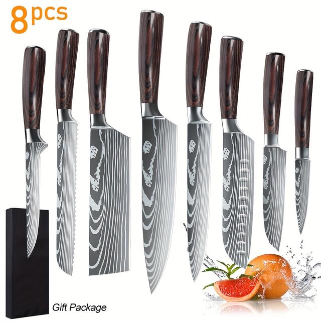 TEMU Set de cuchillos de cocina de 8 piezas, Set de cuchillos ultra afilados con mango de madera , Set de cuchillos de acero inoxidable con de carbono para cocina, Set de cuchillos de de regalo.