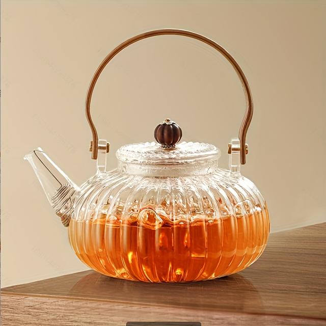 TEMU Transparent Glass Teapot With Wooden Handle, Featuring And Loose-leaf Tea, Made Of High Borosilicate Transparent Glass, Suitable For Home, Restaurant, Hotel, And Office Use,.