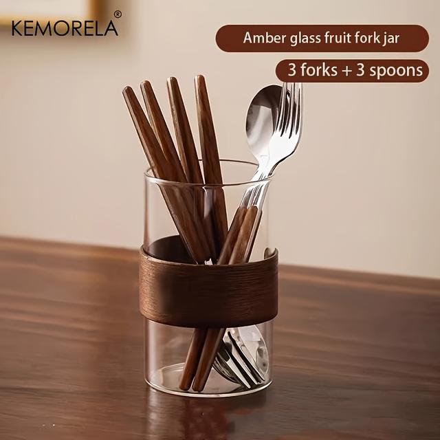 TEMU Kemorela 1 Set Of Chopstick Holder, Stainless Steel Fruit Fork For Cake And Dessert, A High-end Creative Fruit Picker For Home Use, Includes A Glass Jar For Fruit Forks Along With And 3 Spoons