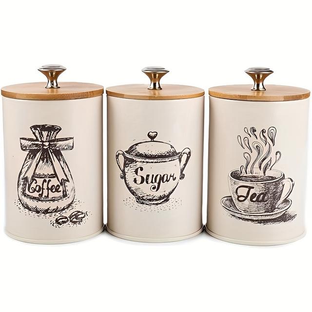 TEMU Faridabio 3pcs Tea, Coffee, Sugar Storage Boxes Set - Metal Containers With Bamboo Lids, Ideal For Ground Coffee, , Candy & Fruit Teas - Elegant Black & Wood Design